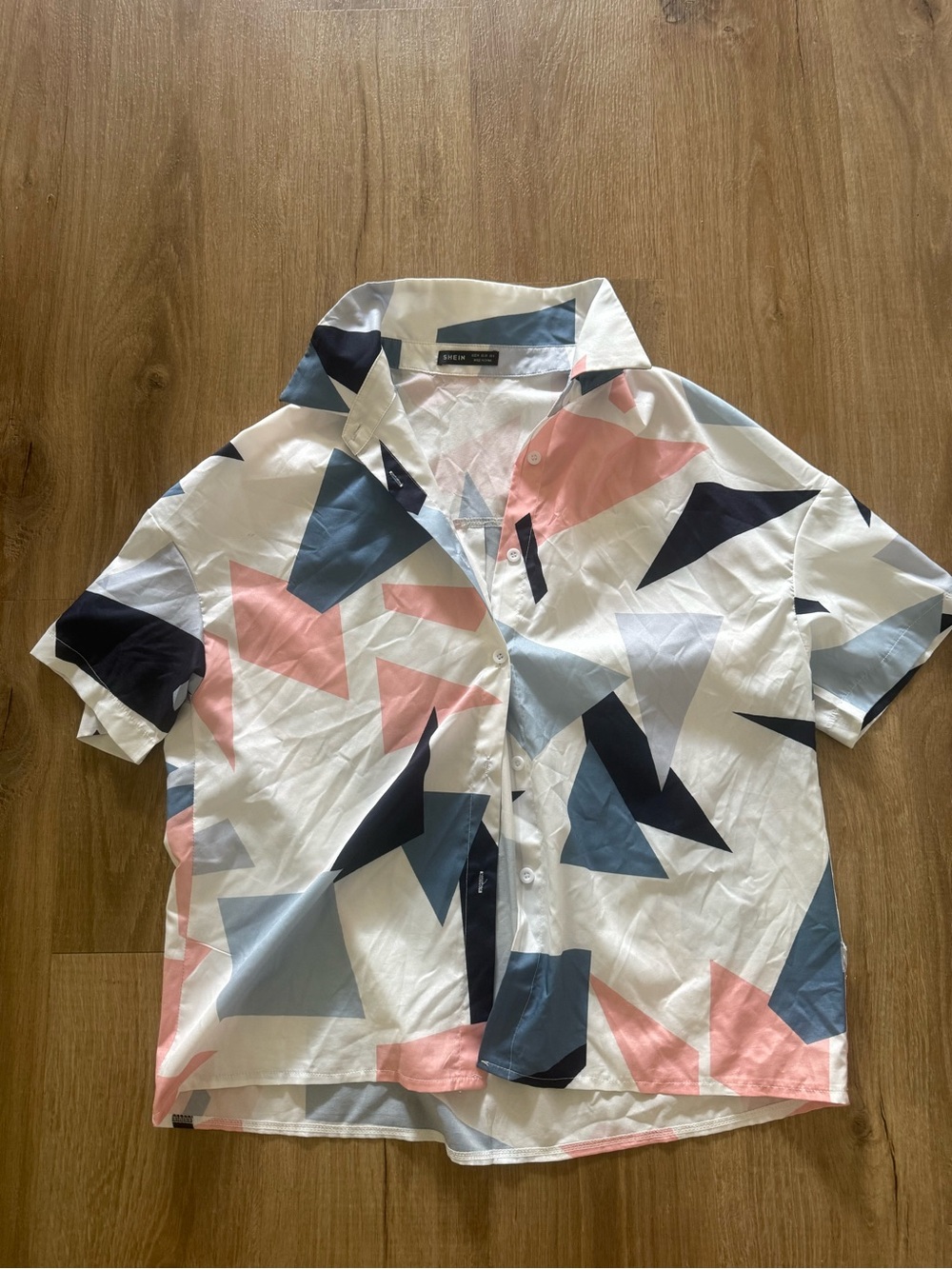 Geometric Print Silk Short-Sleeve Shirt - White with Pink & Blue